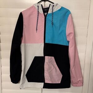 Empyre 90s Y2K Color Block Windbreaker Jacket Small Lightweight Hooded Pink Blue